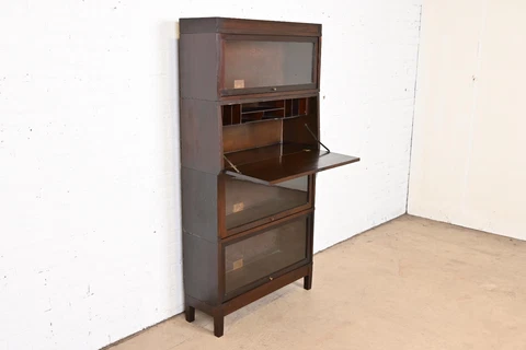 Antique Arts & Crafts Mahogany Barrister Bookcase With Drop Front Secretary Desk Cover