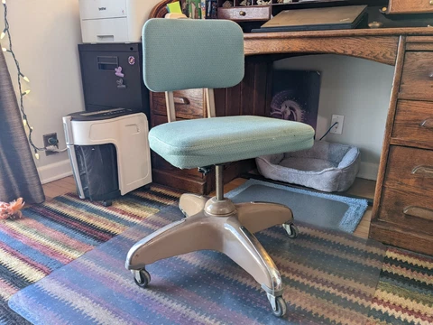 Vintage Blue Swivel Desk Chair Globe Steel Base Industrial 55S Cover