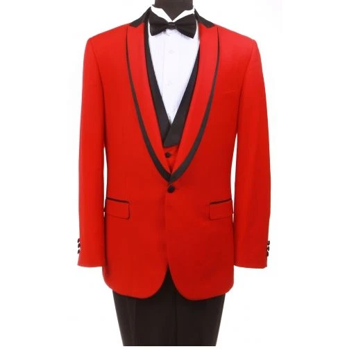 Slim Fit 1 Button Peak Shawl Lapel Satin Black Trim Collar Prom Tuxedo With Vest - Image 1 of 4