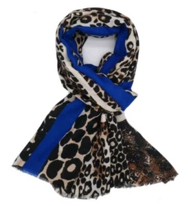 PURE FASHION DAMEN POLYESTER SCHAL HALSTUCH ~ LEOPARDENBORDÜRE BLAU ~ 185cm x 90cm - Bild 1 von 4
