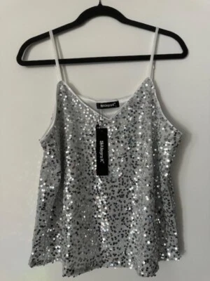 NEW Allegra K Large L Silver Sequin Women's Sleeveless Blouse Top v-neck sparkle - Image 1 of 2
