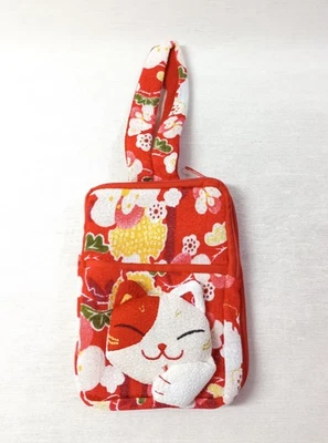Rojo Floral Japonés Blanco Gatito Gato Cremallera Bolsa Cartera 3 Bolsillos Chirimen Artesanía Foto 1 de 4