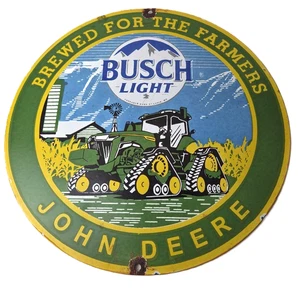 Vintage John Deere Sign - Busch Light Porcelain Farm Tractor Gas Pump Sign - Picture 1 of 14