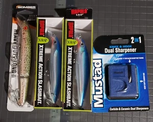 Lot Of 3 Fishing Lures Rapala , Bomber And Knife &Hook Dual Sharpener. New - Picture 1 of 2