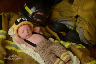 Newborn Firefighter Outfit Newborn Photography Prop Crochet fireman helmet Pants - image 1 of 4