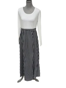 OD'LOVER Women's Maxi Dress White Navy Striped Front Slits Size Large NWT - Picture 1 of 7