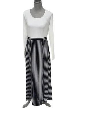 OD'LOVER Women's Maxi Dress White Navy Striped Front Slits Size Large NWT - Image 1 of 4