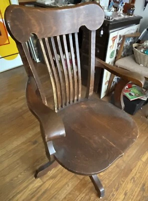 Antique Wooden Swivel Office Chair w/ Arms Brooklyn Chair Company Label - Image 1 of 4