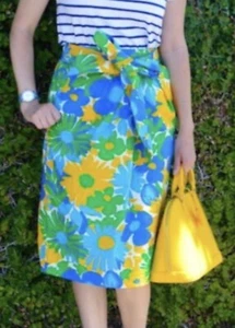 J. Crew Midi Belt Floral Seersucker Pleated Front Skirt Sz 00 Blue White Yellow - Picture 1 of 8