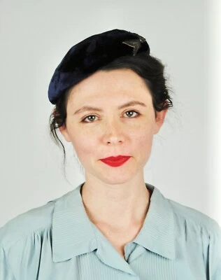 Tocado o sombrero estilo boina terciopelo azul marino vintage años 40 años 50 Foto 1 de 4