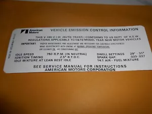1970 Reproduction AMC 390 A/T Emission Decal DR-80 - Foto 1 di 1
