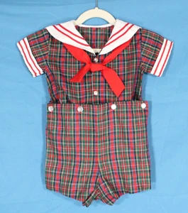 VTG TWILL Red/Green PLAID Sailor Suit NAUTICAL Shirt/Shorts ROMPER OUTFIT 3-6M - Picture 1 of 7