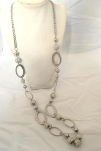 Silver Tone Necklace Links Textuured Beads on Chain Lobster Clasp 36" - Picture 1 of 4