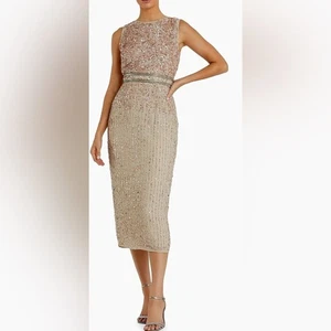 Neu mit Etikett Mac Duggal hochgeschlossenes Etui Pailletten Midikleid in Nude Roségoldfarben - Gr. 10 - Bild 1 von 8