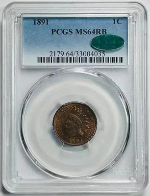 1891 P Small Cents Indian Head Penny PCGS MS-64 RB CAC Low CAC Pop! - Image 1 of 2