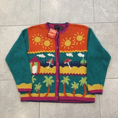 Cardigã suéter vintage Mike & Me tropical colorido praia anos 90 tamanho grande novo com etiquetas - Imagem 1 de 4