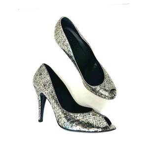 Chanel Silver Metallic Textured Leather Peep Toe Pumps Heels Size 38.5 - Picture 1 of 11