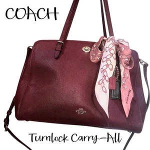 COACH TURNLOCK CARRYALL Maroon Coated Canvas Logo Hang Tags Twilly Shoulder Bag - Picture 1 of 18