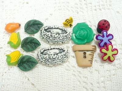 14 CRAFT BUTTONS NATURE GARDEN THEME FLOWERS CORN LADYBUG BEE BIRDS NESTS & MORE - Image 1 of 4