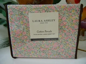 LAURA ASHLEY LOVESTON PINK GREEN FLORAL 100% COTTON 3 PIECE TWIN XL SHEET SET - Picture 1 of 3