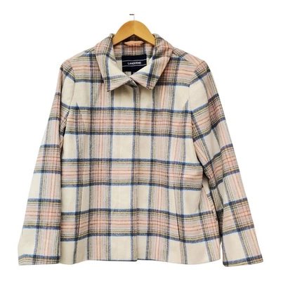 Lands End Jacket Women's 12P Plaid Cream Pink Wool Blend Coat Button  - Image 1 of 4