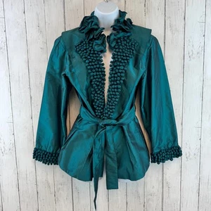 VTG Chez Vouz de France Green Satin Ruffle Belted Iridescent Jacket Size Large - Picture 1 of 15