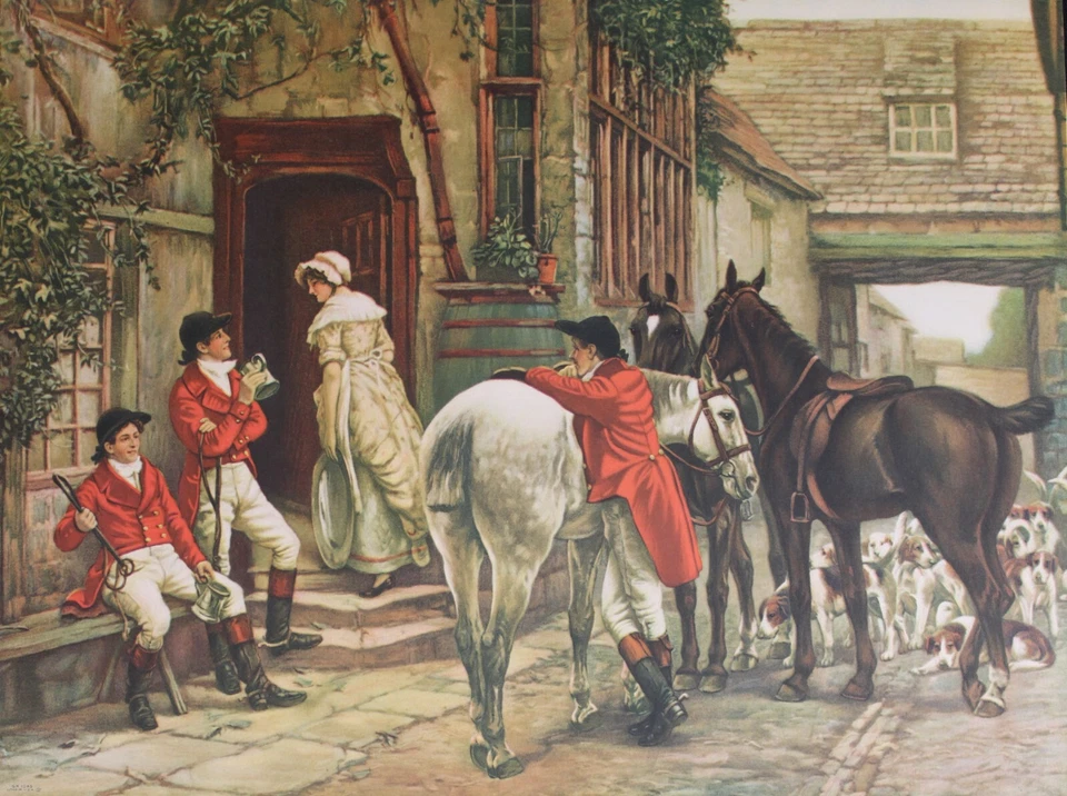 Impresión litográfica vintage de jinetes de caballos y cazadores de perros 16"x12" Foto 1 de 1