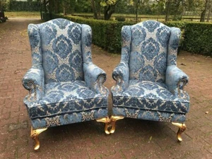 Chairs Pair French Louis XVI Antique Gilded Blue Damask Bergère Early 1900s - Picture 1 of 11