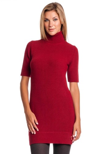 Love Moschino Finto Abito a Maglia Collo di Tartaruga Rosso Mini Maniche Corta Designer NUOVO