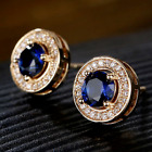 2.15 Ct Round Simulated Blue Sapphire Halo Stud Earrings 14K Yellow Gold Plated