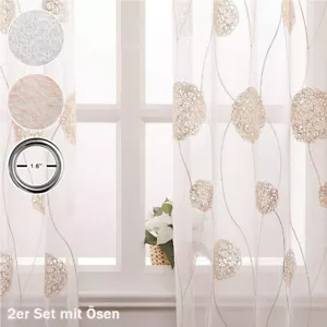 2er Set Vorhänge Gardinen mit Florales Stickerei Transparent Vorhang mit Ösen - Bild 1 von 20