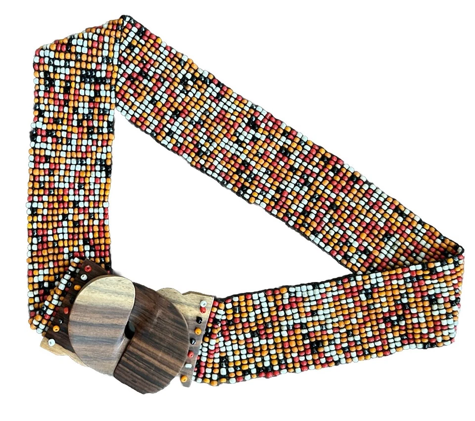 Vtg Beaded Belt Wide Elastic Stretch Red Orange White Teal Boho L Western Look - Image 1 of 4