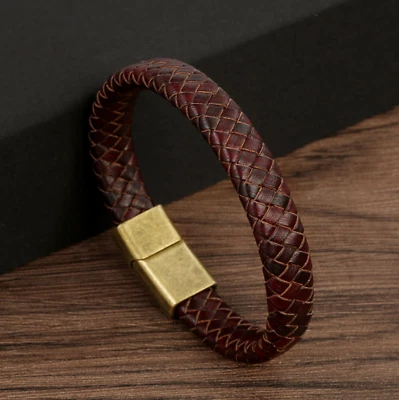 Brazalete/pulsera de cuero trenzado plano clásico de 12 mm para hombre y mujer 8" Foto 1 de 4