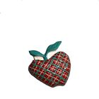 Vintage Strawberry Fruit Pin Red Green Plaid Plastic Brooch Retro Mod So Cute!