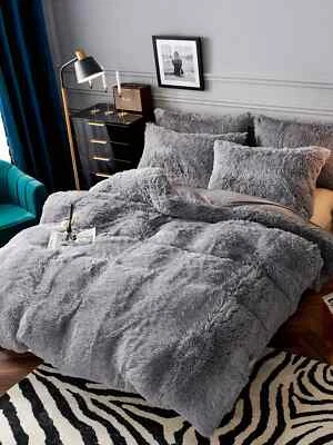 ¡NUEVO! ~ ACOGEDOR JUEGO DE EDREDÓN MODERNO MULLIDO PELUDO PIEL SINTÉTICA GRIS FELPA ULTRA SUAVE Foto 1 de 4