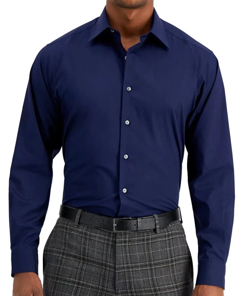 CLUB ROOM Solid Blu Notte Dress Shirt Stretch Cotton Regular Fit L 16-16 1/2 - Image 1 of 1