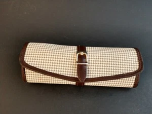 Vintage Brillenetui braun creme Hahnentritt goldfarbene Schnalle Kunstsamt Druckknopf - Bild 1 von 5
