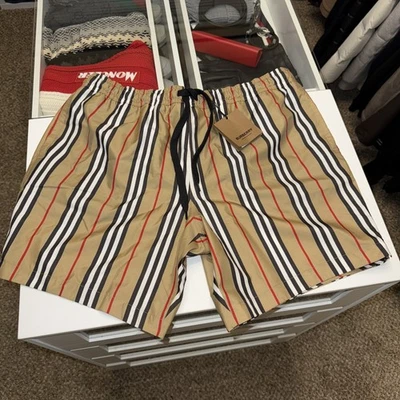 NEW BURBERRY MENS ICON STRIPED ARCHIVE BEIGE SHORTS SWIM TRUNKS LARGE - Image 1 of 3
