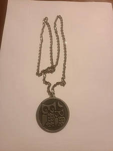 Vintage Jorgen Jensen Pewter Medallion Owl Pendant Necklace - Denmark - Picture 1 of 3