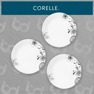 NEW! Corelle Inked Poppy 10.25" White Dinner Plates w/ Charcoal Print (SET OF 3) - Picture 1 of 3