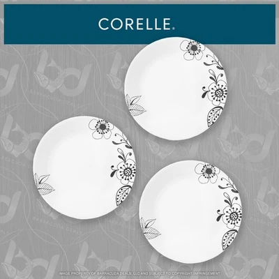 NEW! Corelle Inked Poppy 10.25" White Dinner Plates w/ Charcoal Print (SET OF 3) - Image 1 of 3