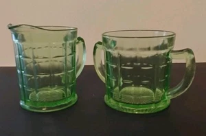 Vintage Green Glass Creamer And Sugarbowl Set Hazel Atlas Colonial Heavy - Picture 1 of 14