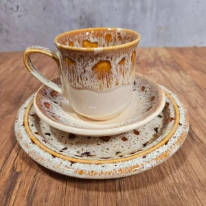 Vintage Fosters Keramik Waben Tropfglasur Tasse Untertasse Teller Trio - Bild 1 von 15