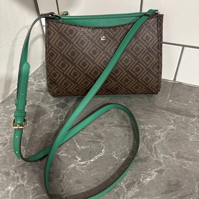 Vintage Liz Claiborne Emerald Green and Brown Crossbody Shoulder Bag Monogram - Image 1 of 4