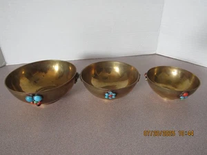 Brass Nesting Spice Decorative Bowl set W/ Gemstone Inlay from India - Picture 1 of 12