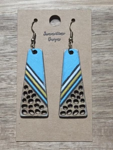 Hand Painted Laser Cut Wood Earrings Turquoise And Yellow 2" - Picture 1 of 1
