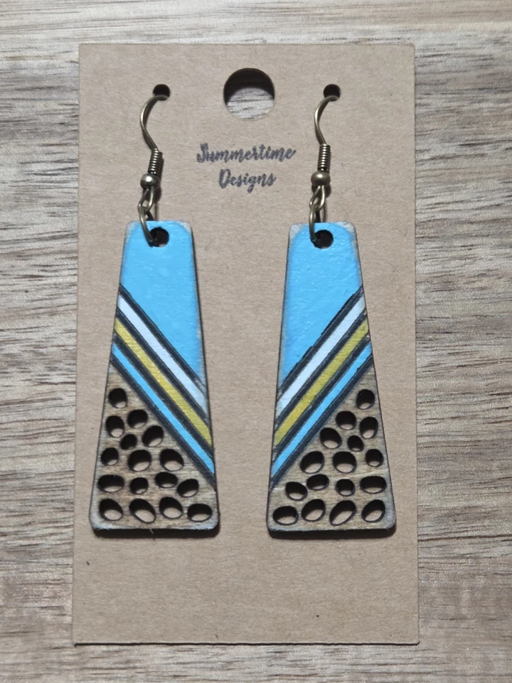Hand Painted Laser Cut Wood Earrings Turquoise And Yellow 2" - Image 1 of 1