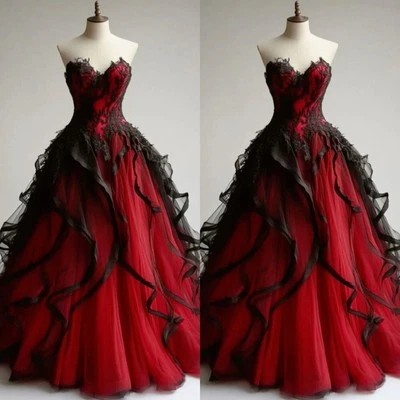 Gothic Black Red Wedding Dresses Ruffles Lace Appliques Sleeveless Bridal Gowns - Image 1 of 4