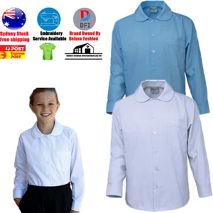 GIRLS PETER PAN COLLAR LONG SLEEVE SCHOOL SHIRT TWO BUTTON ADJUSTABLE CUFF AU - Picture 1 of 4