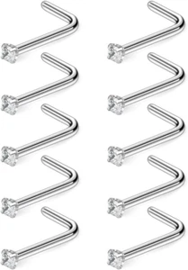 10-40PCS 18G Surgical Steel Diamond CZ Nose Stud Rings L Shaped Piercing Jewelry - Picture 1 of 2